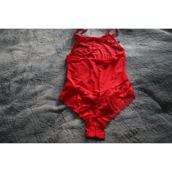 XSPICE Women Lace Bodysuit High Neck One Piece Halter Teddy Lingerie (S/M, Red) - Picture 8 of 8